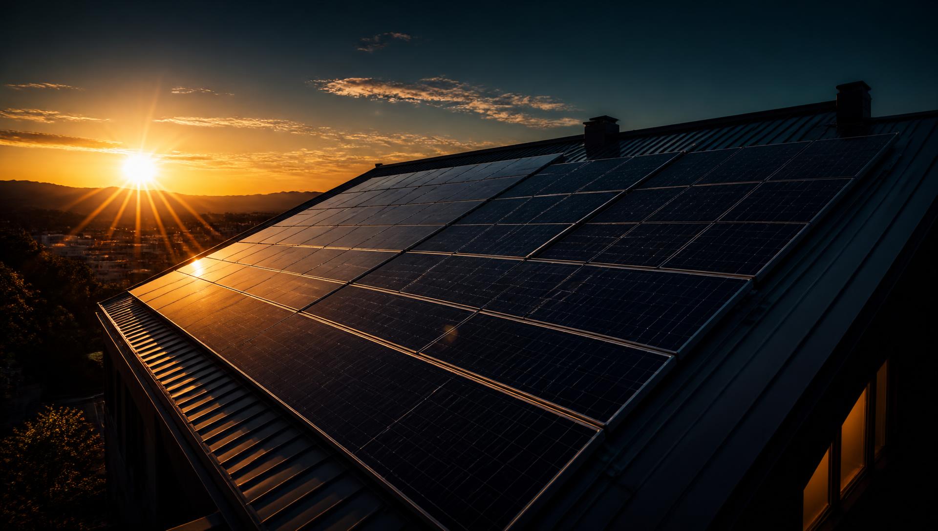 Instalação de painéis solares vista de drone ao pôr do sol